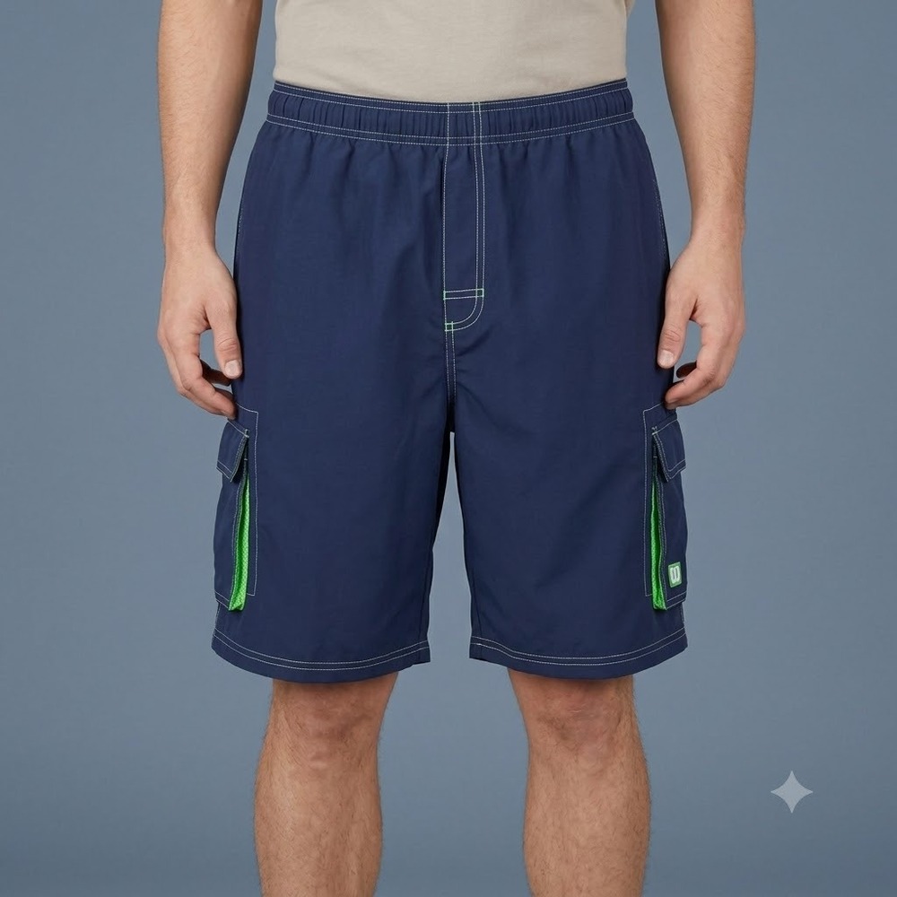 Wilson Cargo Shorts Mens XL Navy Blue Lime Green Athletic Performance Mesh Lined